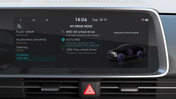 Hyundai IONIQ 6 12.3” touchskærm hvorfra der kan vælges køremode
