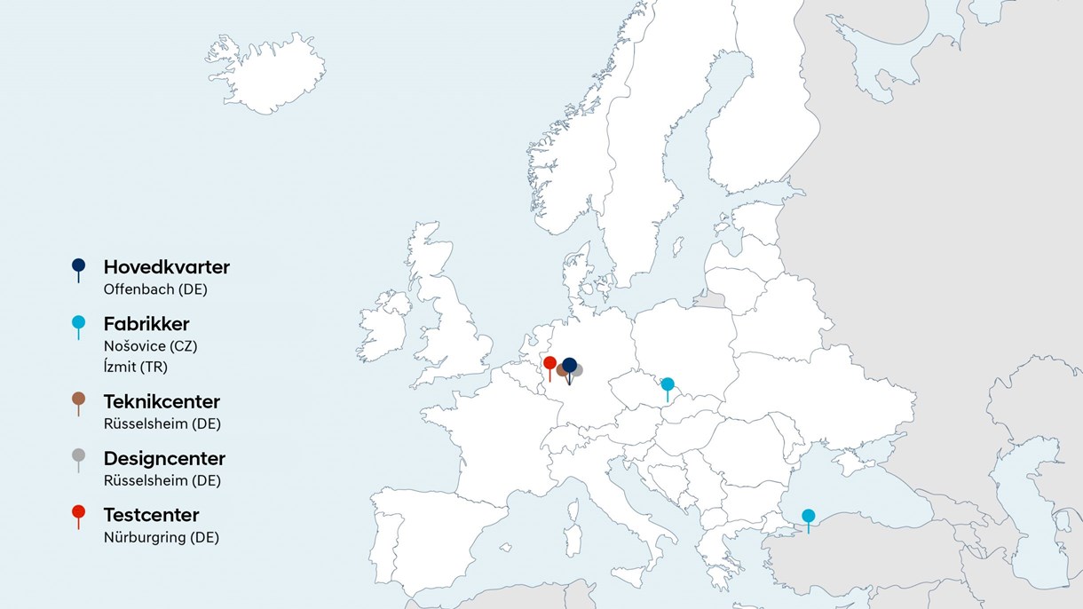Kort over Europa med pins i Hyundais lokationer.
