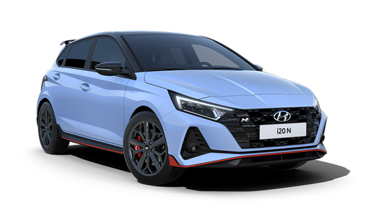 Blå Hyundai i20 N med røde detaljer